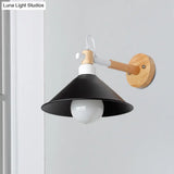 Nordic Style Conic Wall Sconce With Wooden Backplate And Black Metallic Finish