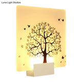 Nordic Style Led Acrylic Wall Mural Lamp - White Square Tree And Bird Light For Living Room