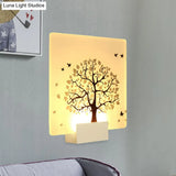 Nordic Style Led Acrylic Wall Mural Lamp - White Square Tree And Bird Light For Living Room