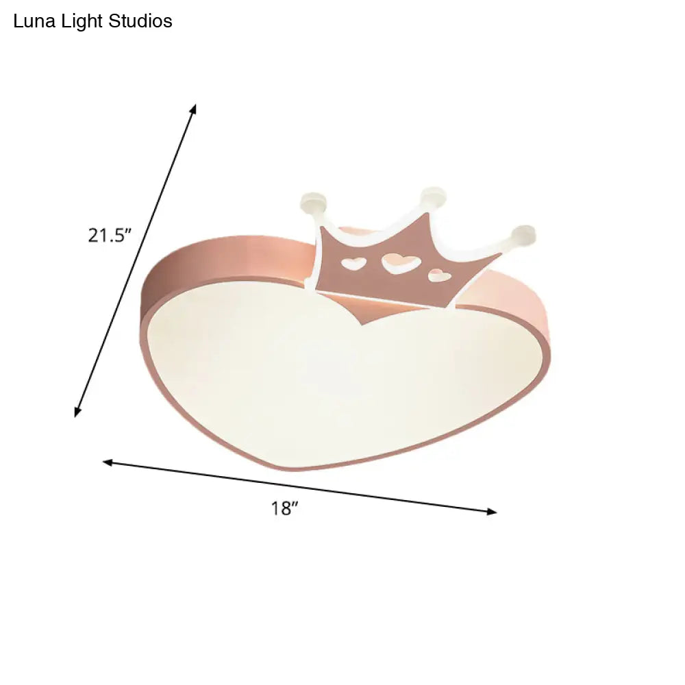 Nordic Style Led Loving Heart Flush Lamp With Crown Decor In Pink/Blue
