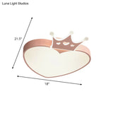 Nordic Style Led Loving Heart Flush Lamp With Crown Decor In Pink/Blue