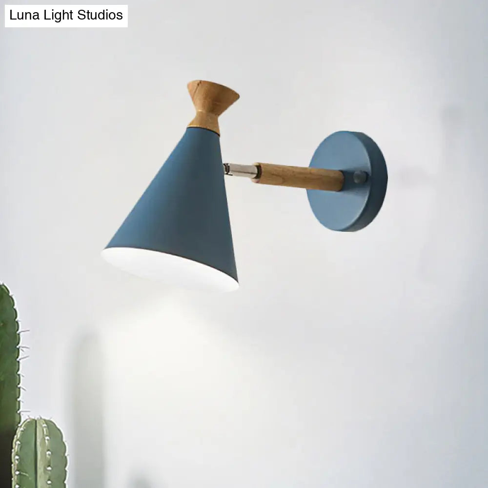 Nordic Style Metal Cone Shade Wall Light: 1-Light Rotatable Bedside Reading Lamp In Blue Green Grey