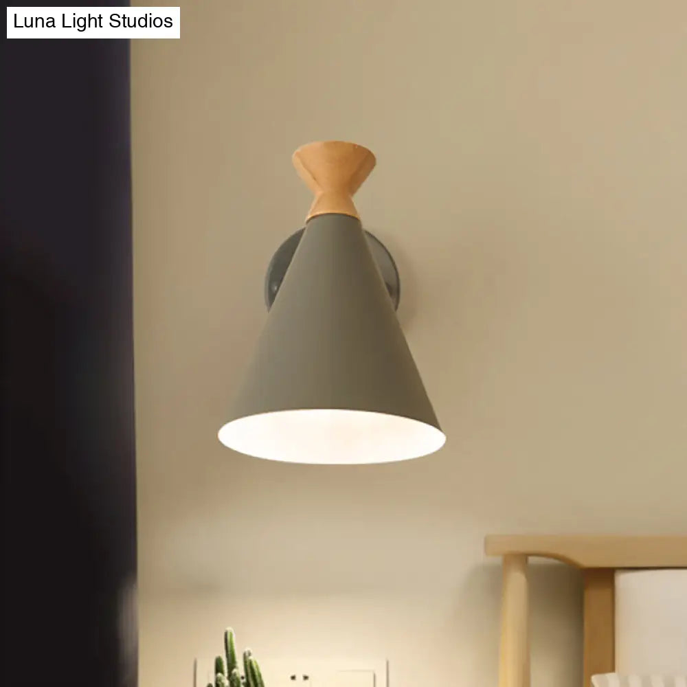 Nordic Style Metal Cone Shade Wall Light: 1-Light Rotatable Bedside Reading Lamp In Blue Green Grey