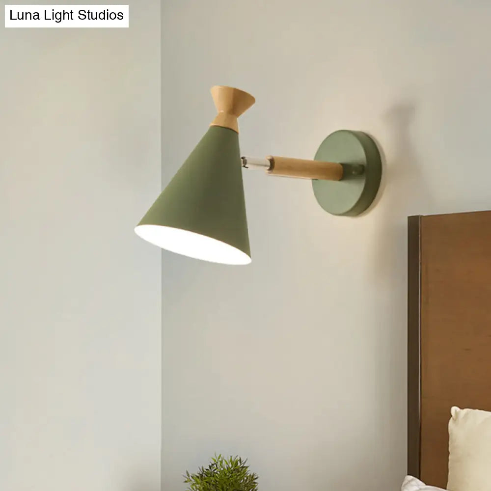 Nordic Style Metal Cone Shade Wall Light: 1-Light Rotatable Bedside Reading Lamp In Blue Green Grey