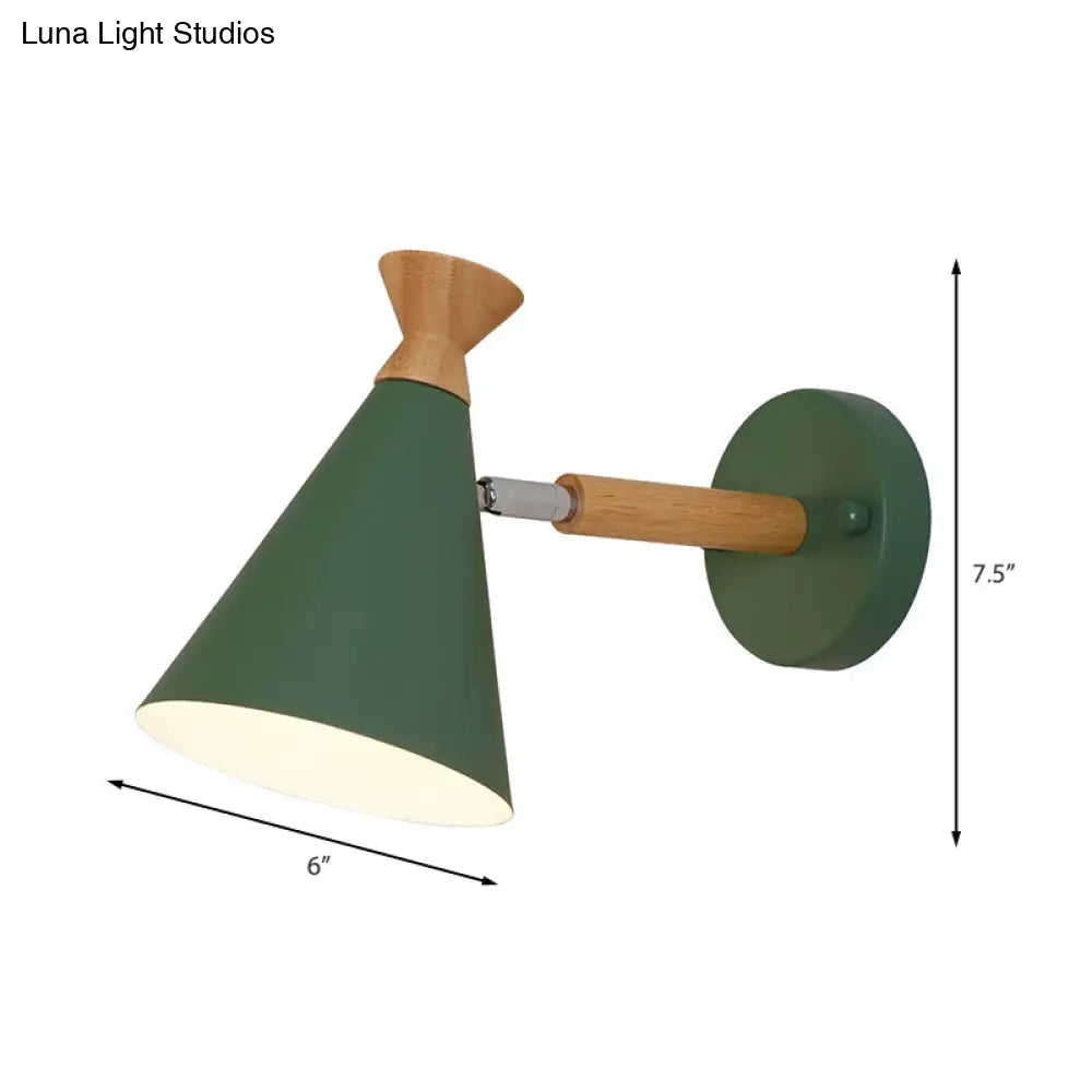 Nordic Style Metal Cone Shade Wall Light: 1-Light Rotatable Bedside Reading Lamp In Blue Green Grey