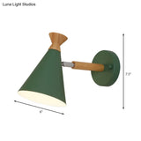 Nordic Style Metal Cone Shade Wall Light: 1-Light Rotatable Bedside Reading Lamp In Blue Green Grey