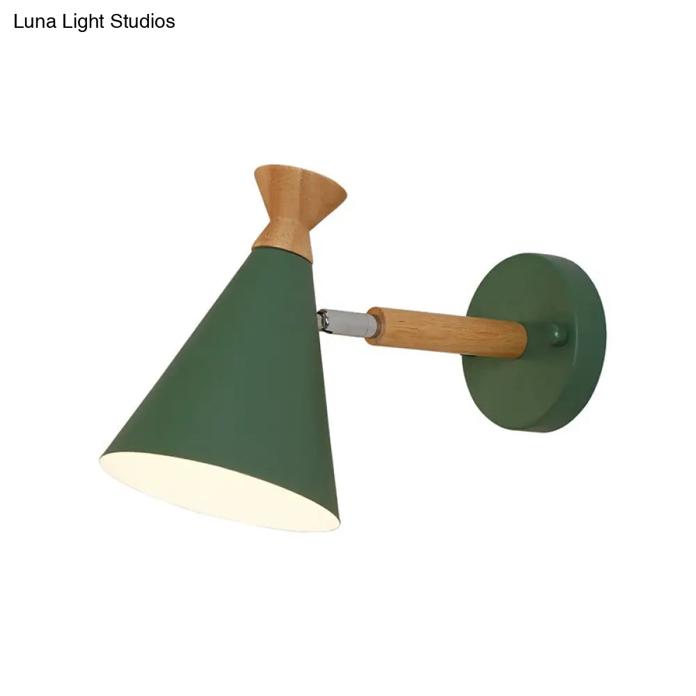 Nordic Style Metal Cone Shade Wall Light: 1-Light Rotatable Bedside Reading Lamp In Blue Green Grey