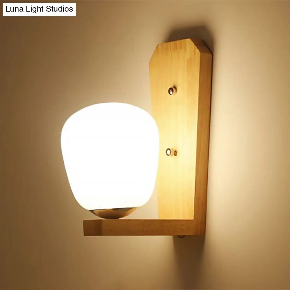 Nordic Style Milk Glass Mini Wall Light For Bedroom Wood Mount Indoor Lighting - 1