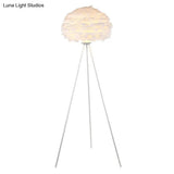 Nordic Style Tripod Floor Lamp With Feather Shade Metal Stand White