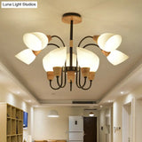 Nordic Style Tulip Chandelier With Cream Glass And Wooden Accent