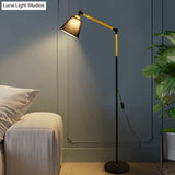 Nordic Swing Arm Wood Floor Reading Lamp With Cone Fabric Shade - Black/White