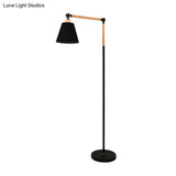 Nordic Swing Arm Wood Floor Reading Lamp With Cone Fabric Shade - Black/White
