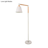 Nordic Swing Arm Wood Floor Reading Lamp With Cone Fabric Shade - Black/White