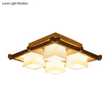 Nordic Trapezoid Flush Mount Opal Glass Living Room Fixture In Wood