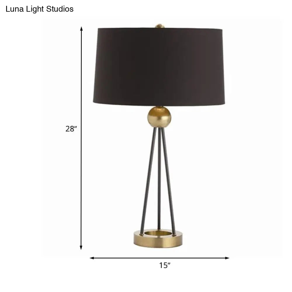Nordic Tripod Table Lamp: Minimalistic Black Metal Nightstand Light With Drum Fabric Shade
