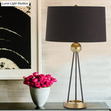 Nordic Tripod Table Lamp: Minimalistic Black Metal Nightstand Light With Drum Fabric Shade