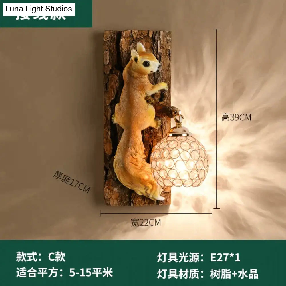 Nordic Vintage Style Resin Squirrel Crystal Led Wall Lamp A