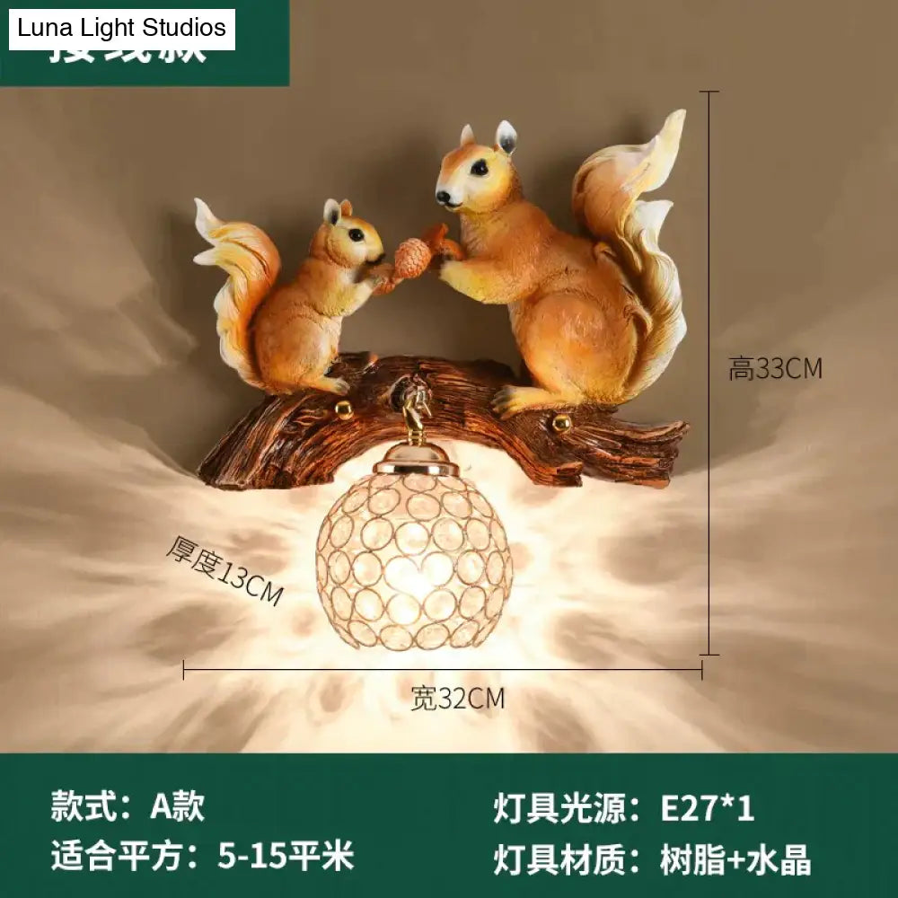 Nordic Vintage Style Resin Squirrel Crystal Led Wall Lamp B