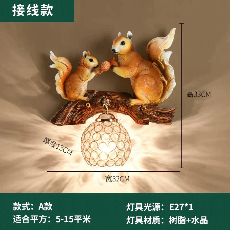Nordic Vintage Style Resin Squirrel Crystal Led Wall Lamp