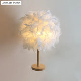 Nordic White Ball Nightstand Lamp With Feather Shade And Wood Base