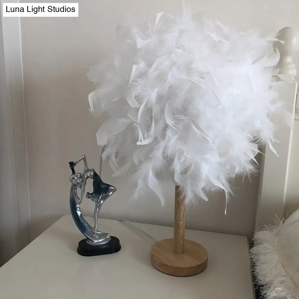 Nordic White Ball Nightstand Lamp With Feather Shade And Wood Base