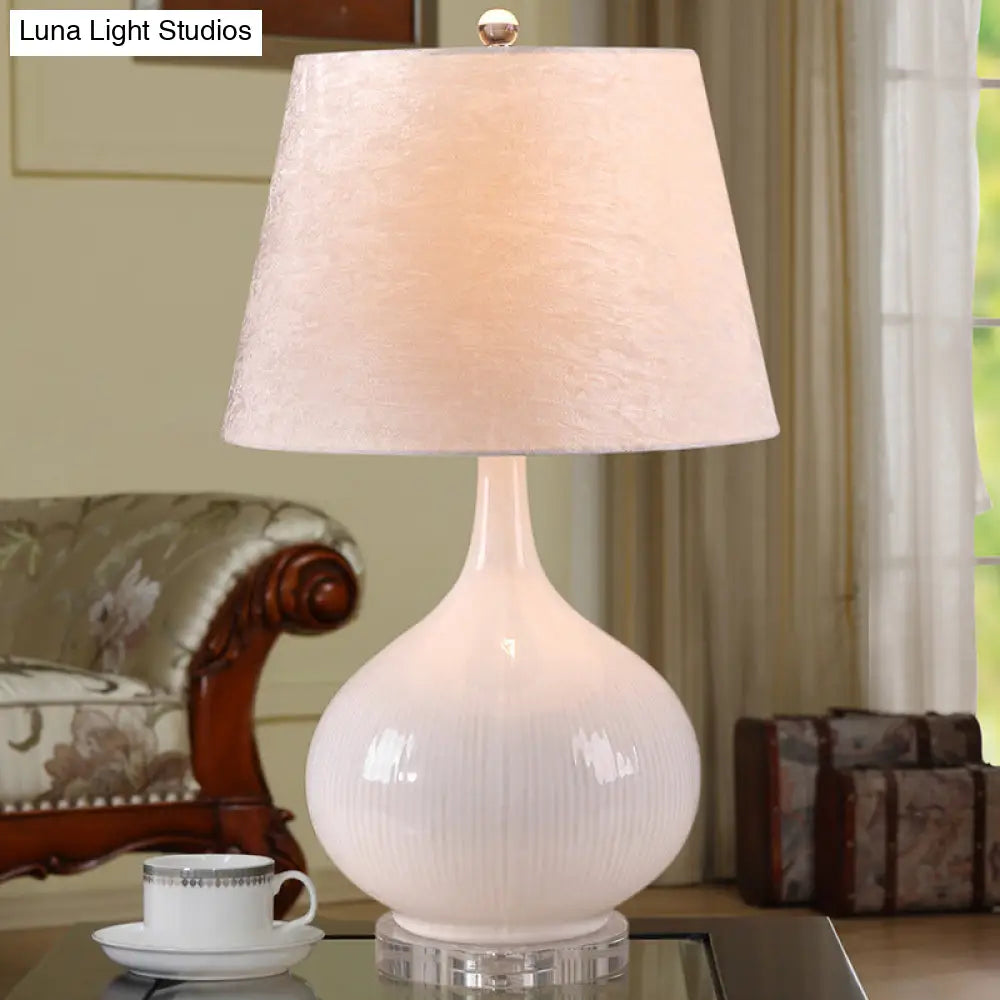 Nordic White Living Room Desk Lamp - Elegant 1-Bulb Reading Light With Fabric Shade