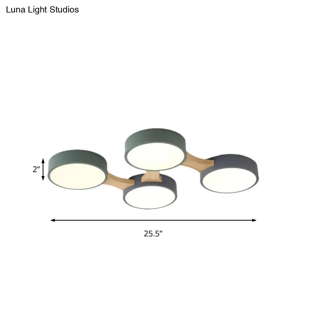 Nordic Wood And Metal Flush Ceiling Light - Round Grey Shade 3/4/5 Lights Ideal For Bedroom