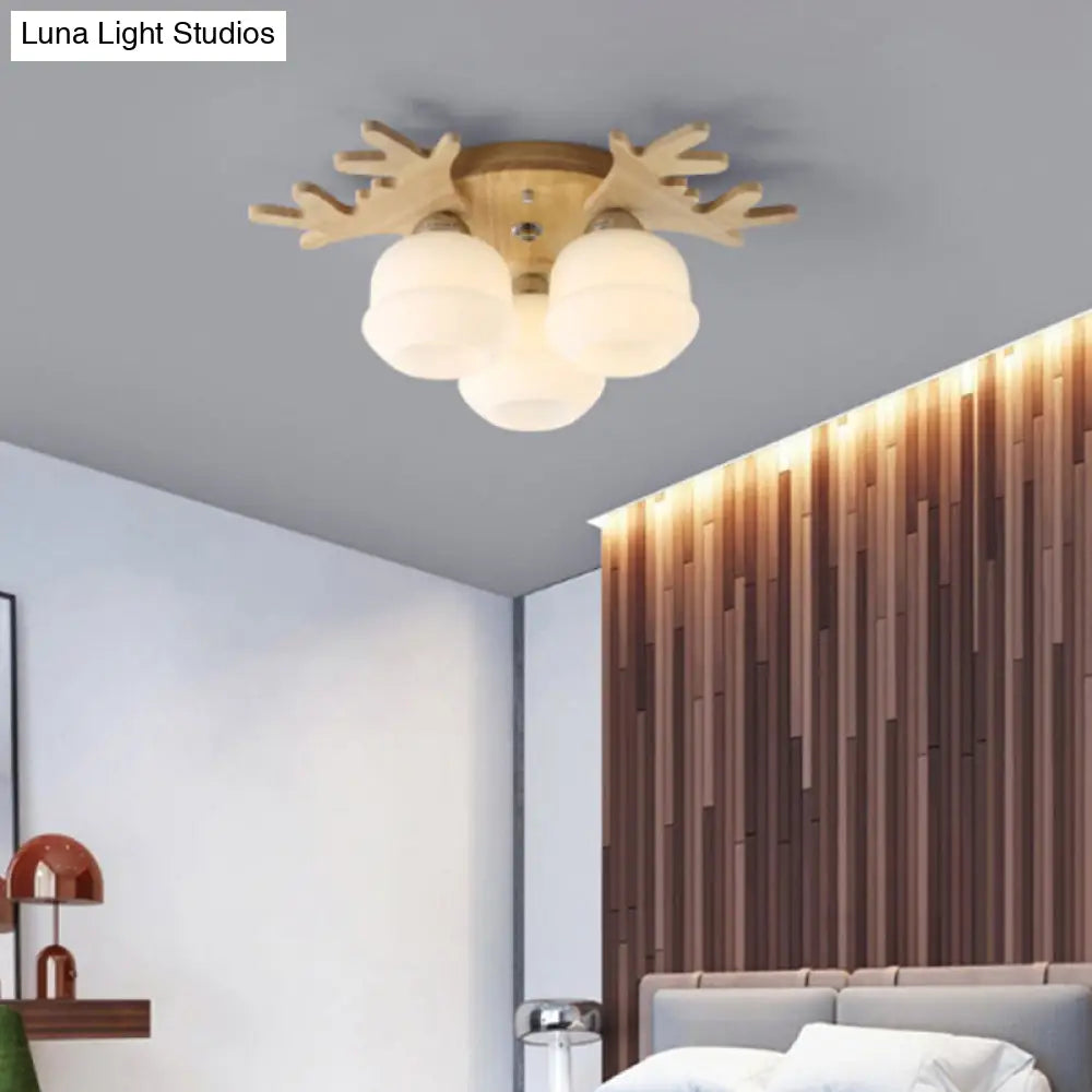 Nordic Wood Flush Mount Ceiling Light With Opal Glass & Antler Decor