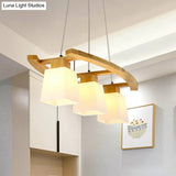 Nordic Wood Island Pendant Ceiling Light With Trapezoid White Glass Shade - 3-Light Dining Room