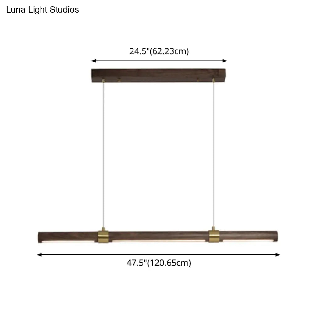 Nordic Wood Island Pendant Led Strip Light In Brown For Dining Table