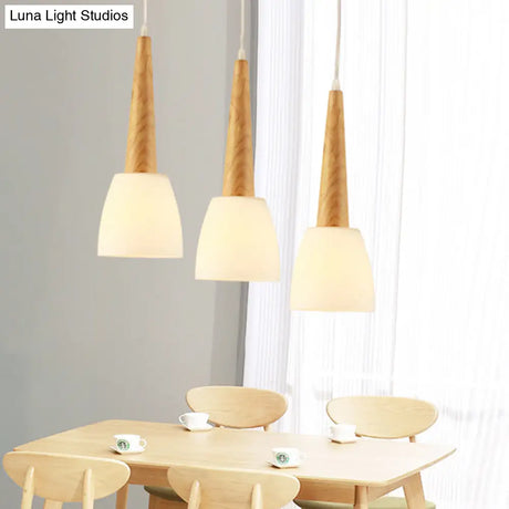 Nordic Wood Pendant Light For Kitchen Dinette With Milk Glass Shade And Handle