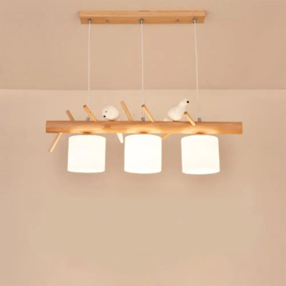 Nordic Wood Pendant Light With Opal Glass Cylinder And Resin Bird Decor 3 /