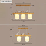 Nordic Wood Pendant Light With Opal Glass Cylinder And Resin Bird Decor