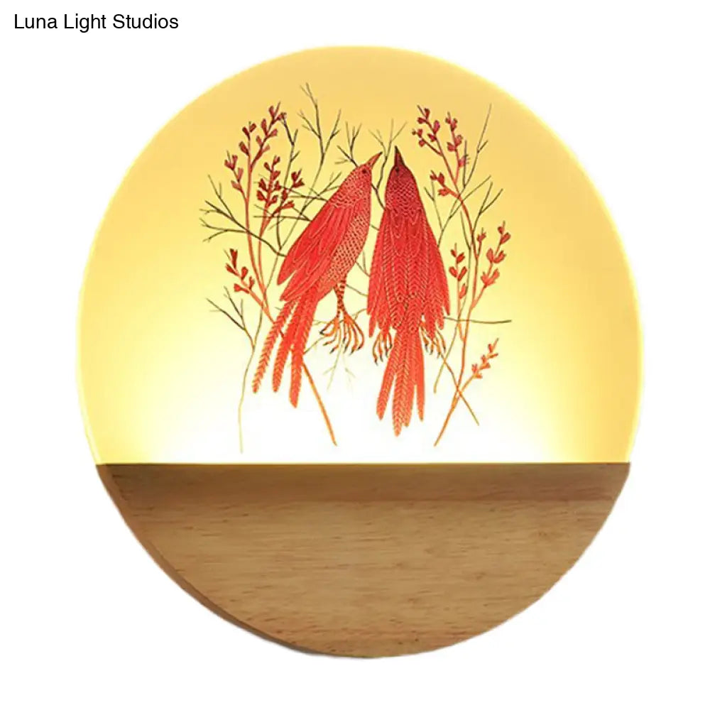 Nordic Wood Sconce With Led Mural Light Deer/Bird Patterned Acrylic Shade - Ideal For Bedroom Wall
