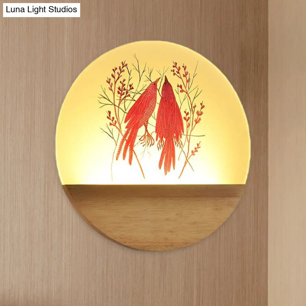 Nordic Wood Sconce With Led Mural Light Deer/Bird Patterned Acrylic Shade - Ideal For Bedroom Wall
