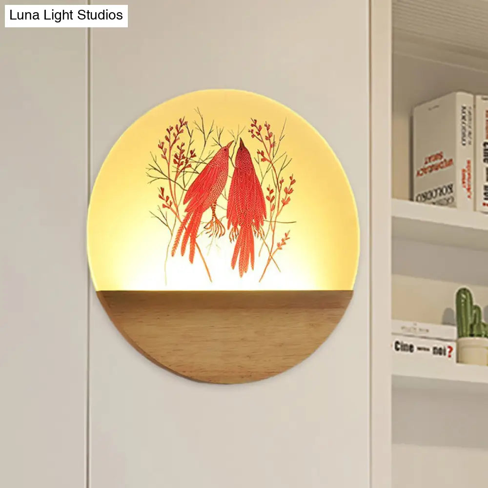 Nordic Wood Sconce With Led Mural Light Deer/Bird Patterned Acrylic Shade - Ideal For Bedroom Wall