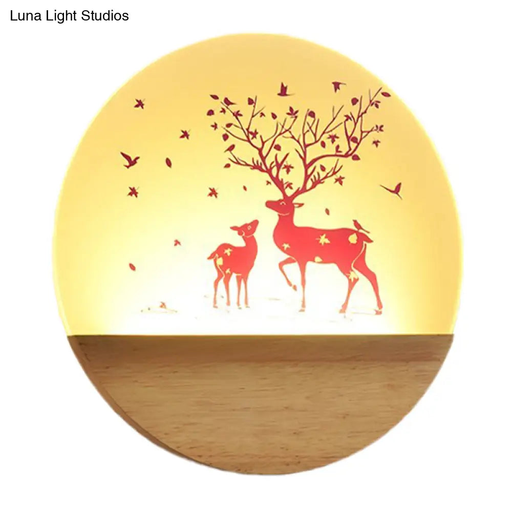 Nordic Wood Sconce With Led Mural Light Deer/Bird Patterned Acrylic Shade - Ideal For Bedroom Wall