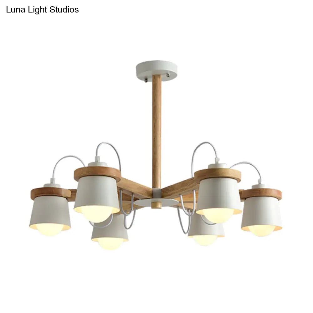 Nordic Wood Semi Flush Ceiling Mount Chandelier With Barrel Lampshade - 6 Bulbs Wheel Style White