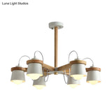 Nordic Wood Semi Flush Ceiling Mount Chandelier With Barrel Lampshade - 6 Bulbs Wheel Style White