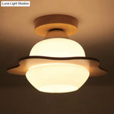 Nordic Wood Semi Flush Mount Ceiling Fixture: Cream Glass Flower Corridor Lighting With 1 - Light