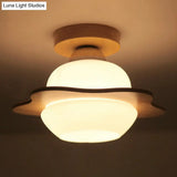 Nordic Wood Semi Flush Mount Ceiling Fixture: Cream Glass Flower Corridor Lighting With 1 - Light