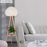 Nordic Wood Shelf Floor Lamp With Feather Dome Shade - Grey/White