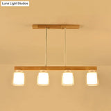 Nordic Wooden Linear Pendant With Double Glass Cylinder Shades For Restaurant Island Lighting