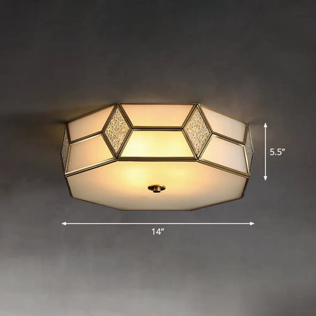 Octagon Flush Mount Bedroom Ceiling Light Fixture With Minimalistic Textured White Glass And Brass