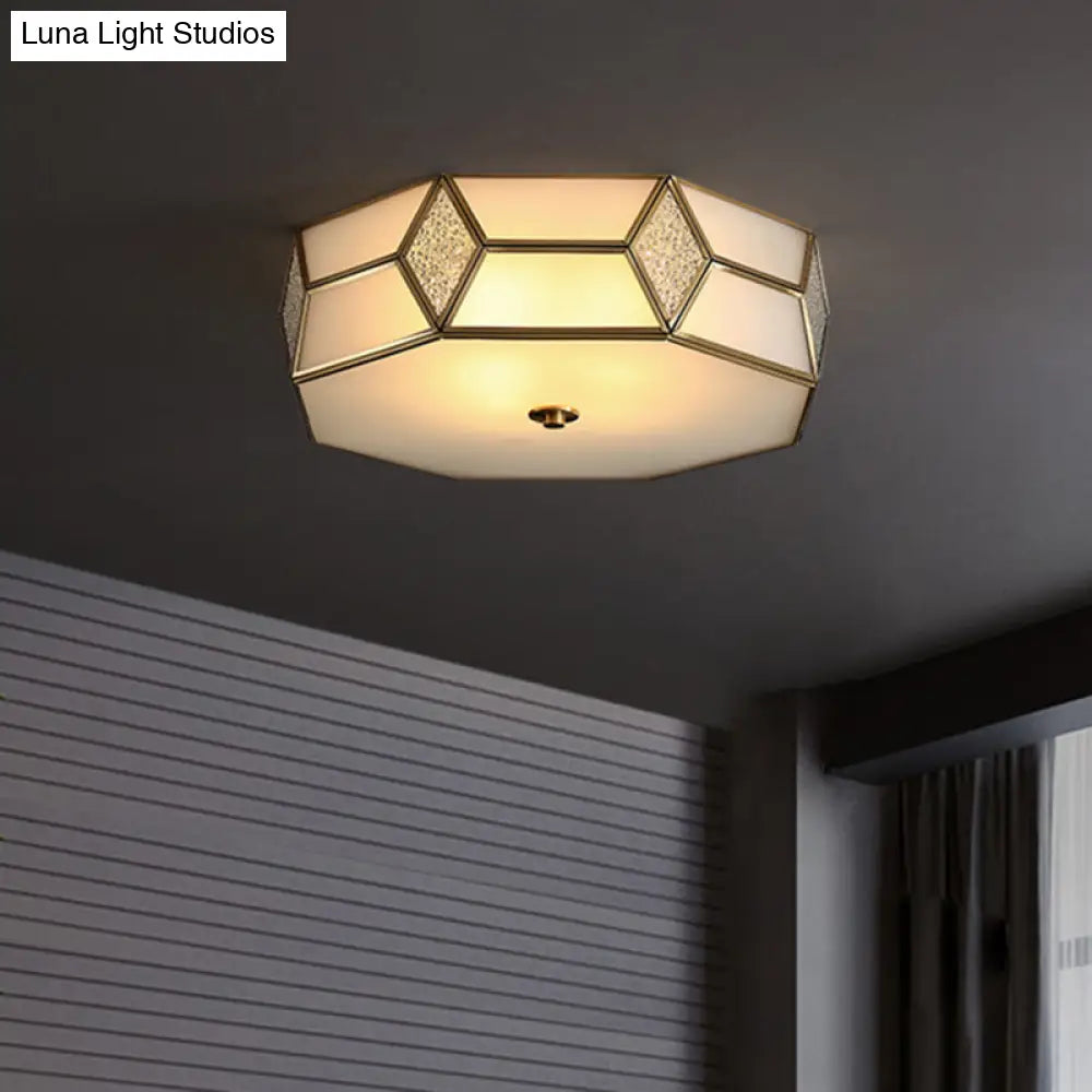 Octagon Flush Mount Bedroom Ceiling Light Fixture With Minimalistic Textured White Glass And Brass