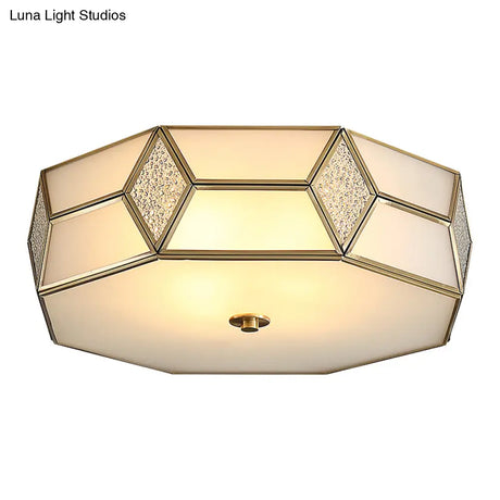 Octagon Flush Mount Bedroom Ceiling Light Fixture With Minimalistic Textured White Glass And Brass