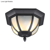 Octagon Flush Mount Ceiling Light Fixture - Classic Black Finish With Frosted Glass