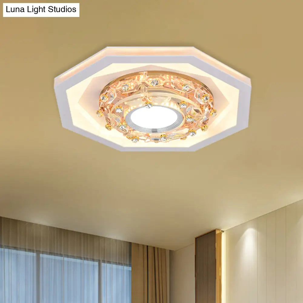 Octagon Small Foyer Ceiling Led Flush Mount Fixture - Elegant Acrylic & Crystal