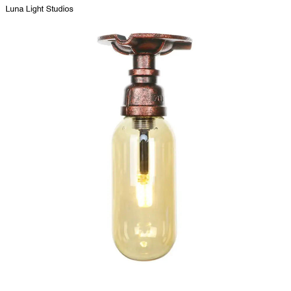 One Light Capsule Semi Flush Industrial Weathered Copper Amber Glass Fixture With Pipe Design