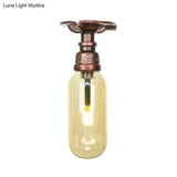 One Light Capsule Semi Flush Industrial Weathered Copper Amber Glass Fixture With Pipe Design